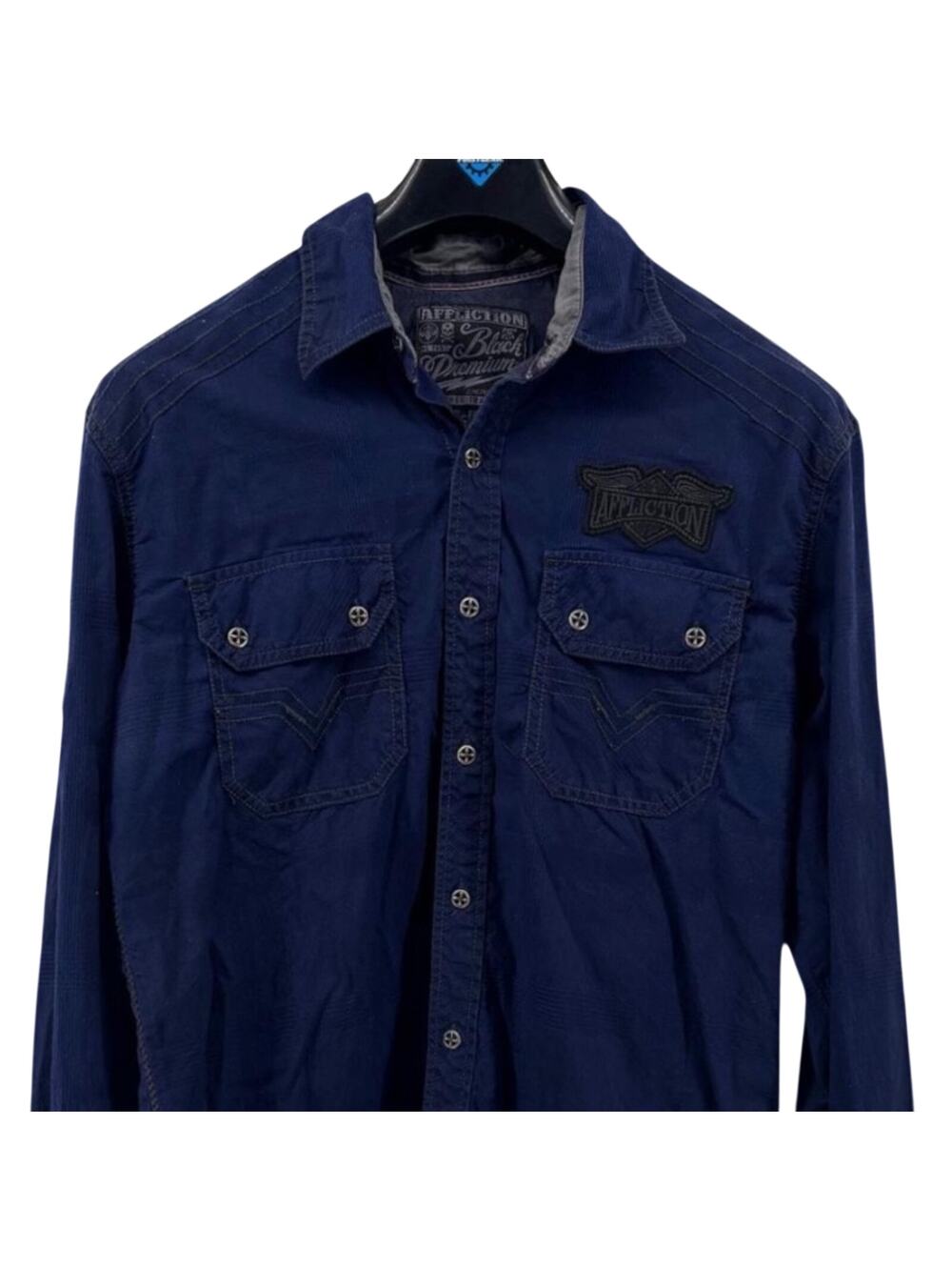 Affliction y2k Blue Button Down Shirt Size L Embroidered Spell Out Grunge Biker